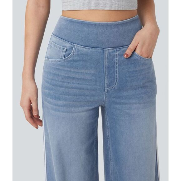 Halara Stretchy High Waisted Wide Leg Stripe Jeans Lightweight Powder Blue S NWT - Picture 4 of 15